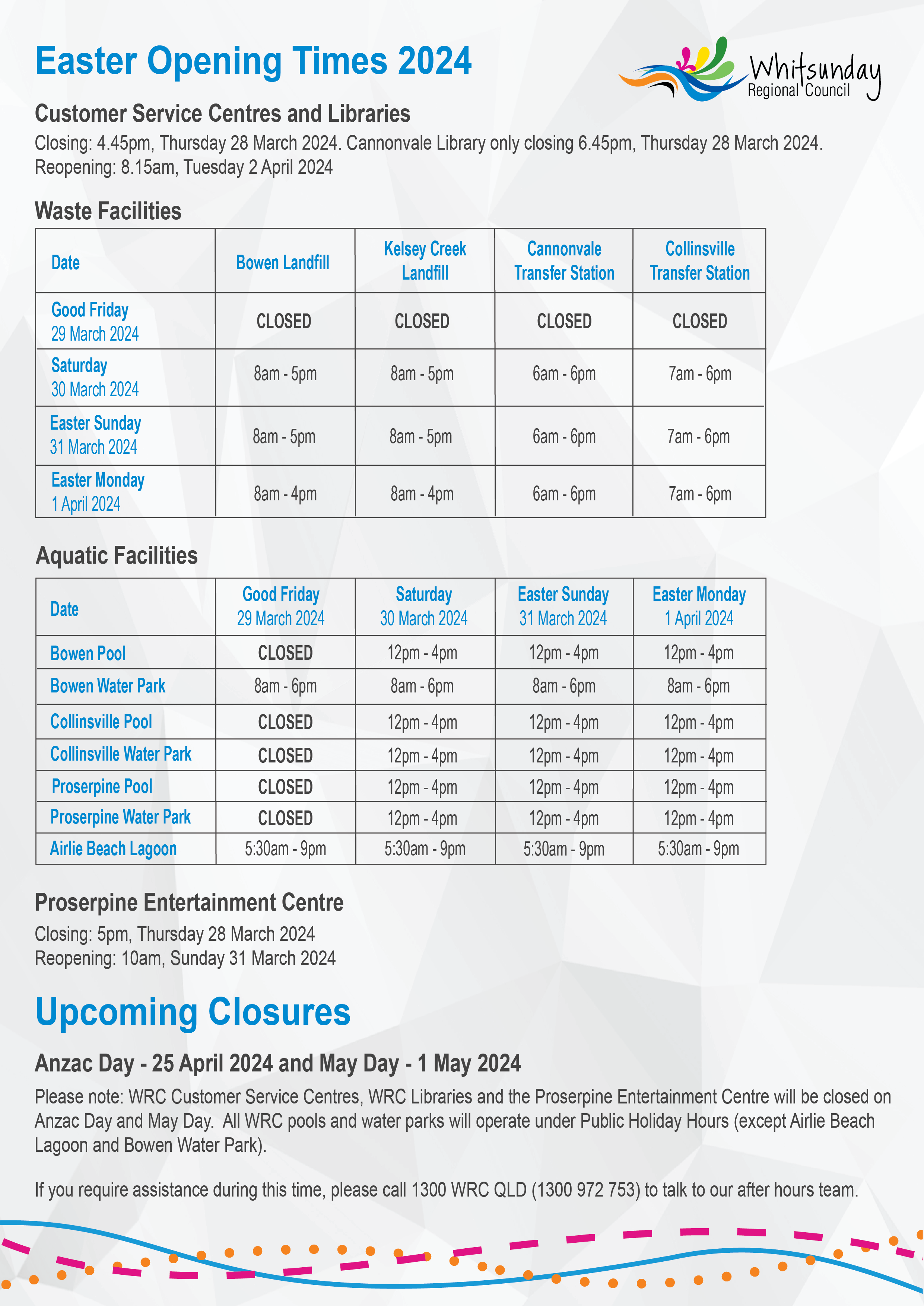 Poster showing Easter 2024 closure dates for libraries, waste, aquatic and entertainment facilities across Whitsunday region