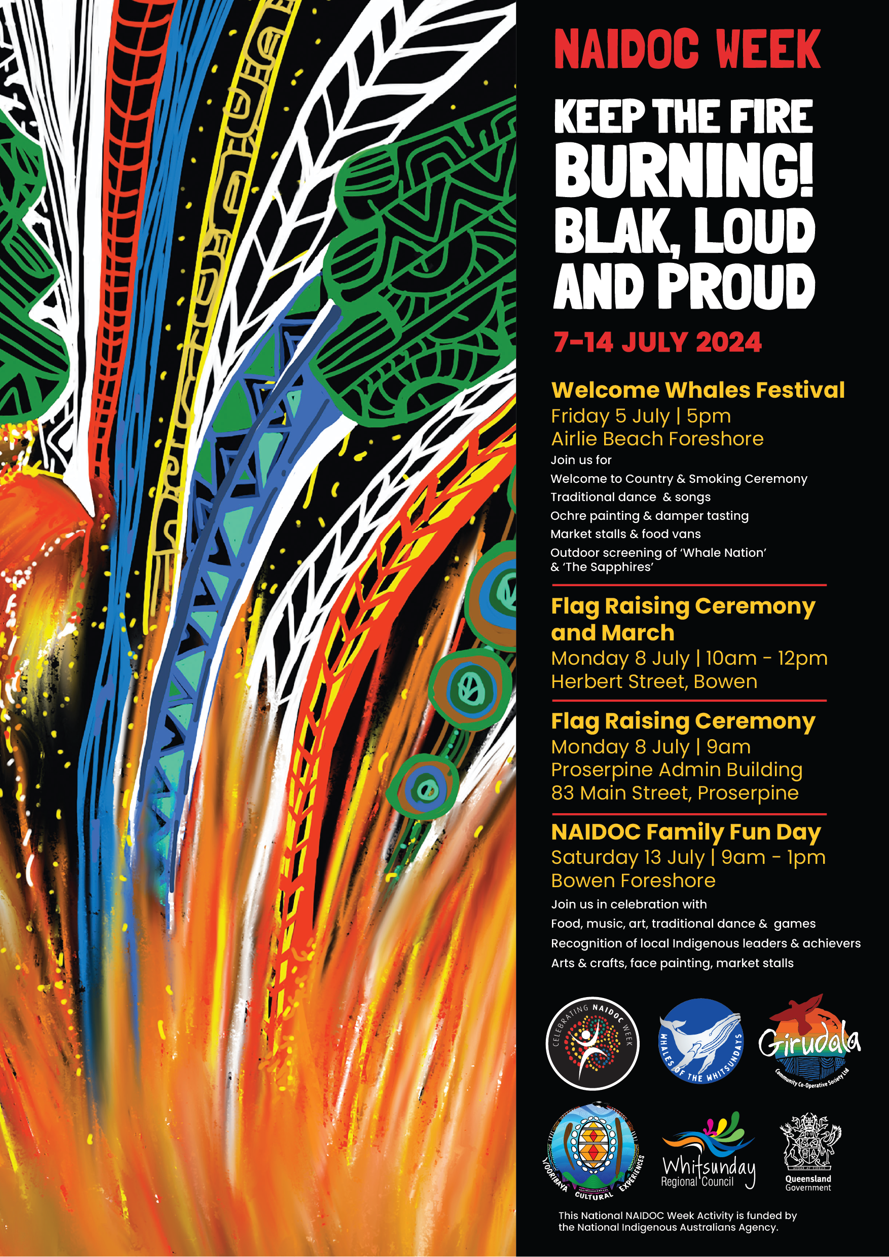Poster for NAIDOC Week 2024 with theme 'Keep the Fire Burning! Blak Loud and Proud' and details of events from 5–14 July.